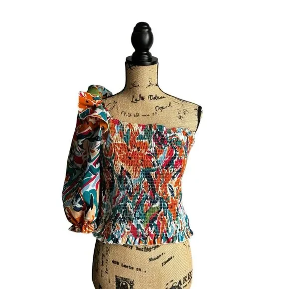 SHEIN Allover Print Ruffle One Shoulder Puff Sleeve Top XL NWOT - Picture 10 of 11